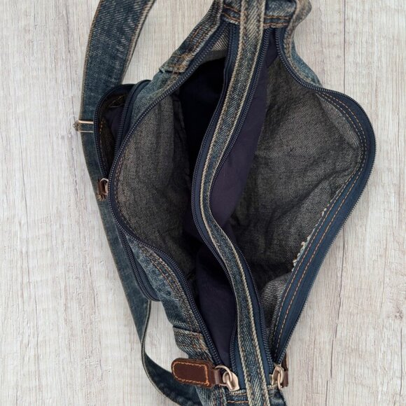 Vintage Y2K Denim Blue Jeans Fabric 2-Section Zip Adjustable Crossbody Purse Bag - Picture 3 of 5